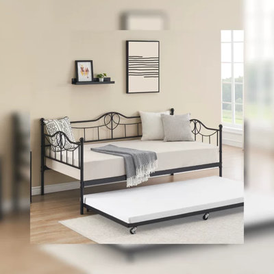 Space-Saving Metal Daybed with Trundle - Modern Twin Sofa Bed Frame, Vintage Headboard, Sturdy Steel Slats, Easy Assembly - Sofa Bed for Guest Room, Living Room - Black, TWIN +Get out of bed set