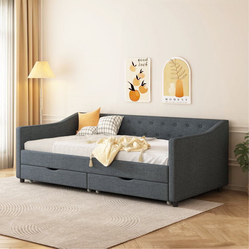 Twin Size Daybed With Drawers Upholstered Tufted Sofa Bed, With Button On Back And Piping On Waved Shape Arms-Dark Grey, Twin
