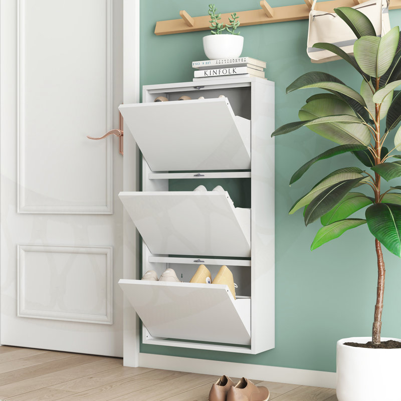 Armoire de rangement murale à chaussures en métal avec 3 tiroirs rabattables, rangement compact et élégant