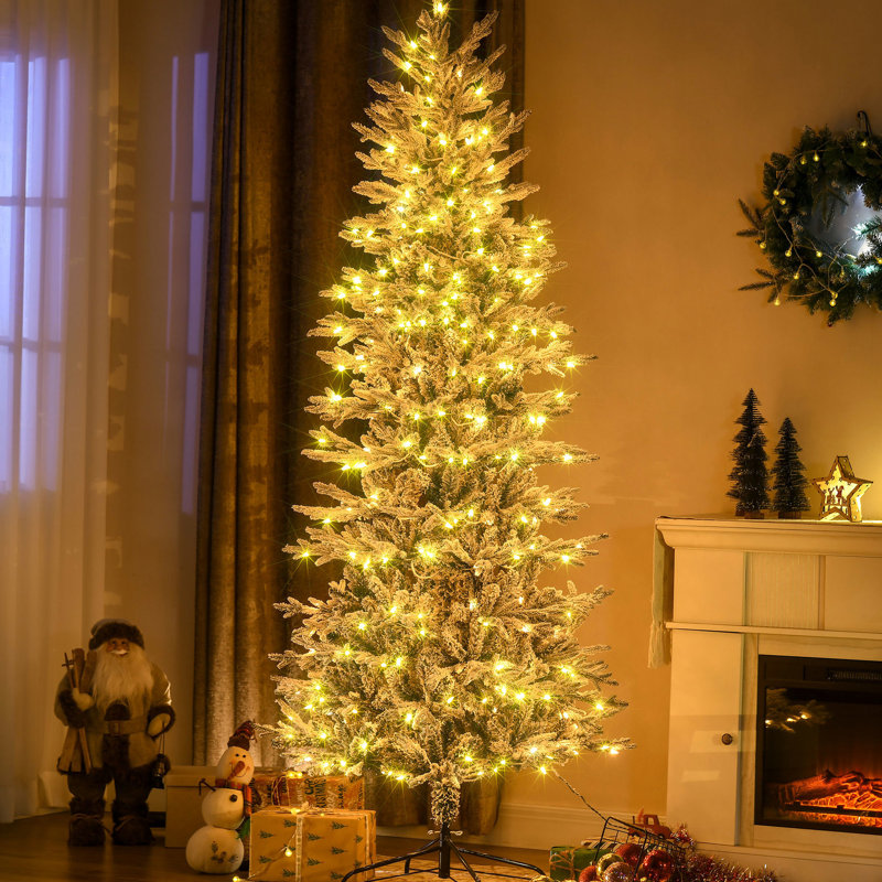 Arbre de Noël 850 branches de 7,5 pi, 350 lumières claires et chaudes, ouverture automatique, conception floquée, ignifuge, décoration jaune facile à installer, structure d'installation