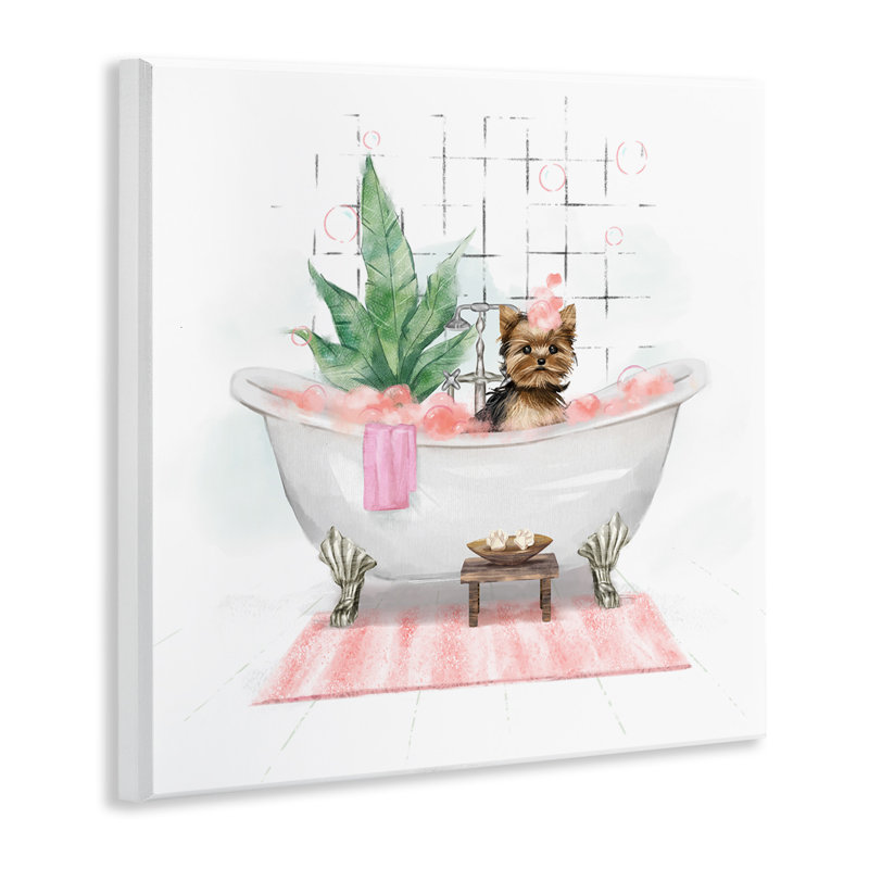 «Chic Yorkie» dans un bain moussant rose, estampe numérique encadrée de Ziwei Li