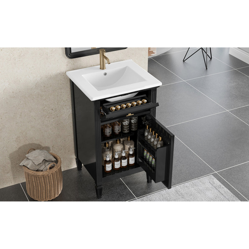 Meuble-lavabo de 20 pouces avec lavabo, pieds en bois massif, tablette réglable, tiroir inclinable, boutons en alliage de zinc, armoire moderne pour petite salle de bain Miyamoto
