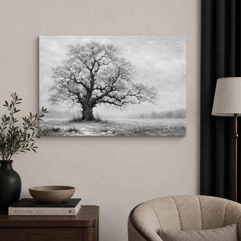 Chêne noir et blanc, art de paysage, photos de bureau, impression sur toile encadrée, H 16 po x l 24 po x P 1,5 po