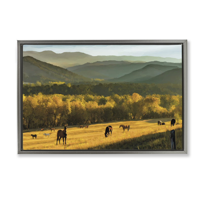 Chevaux en pâture dans un cadre flottant de vallée, design par Renel Peters, H 21 po x l 31 po, Cadre flottant gris lustré
