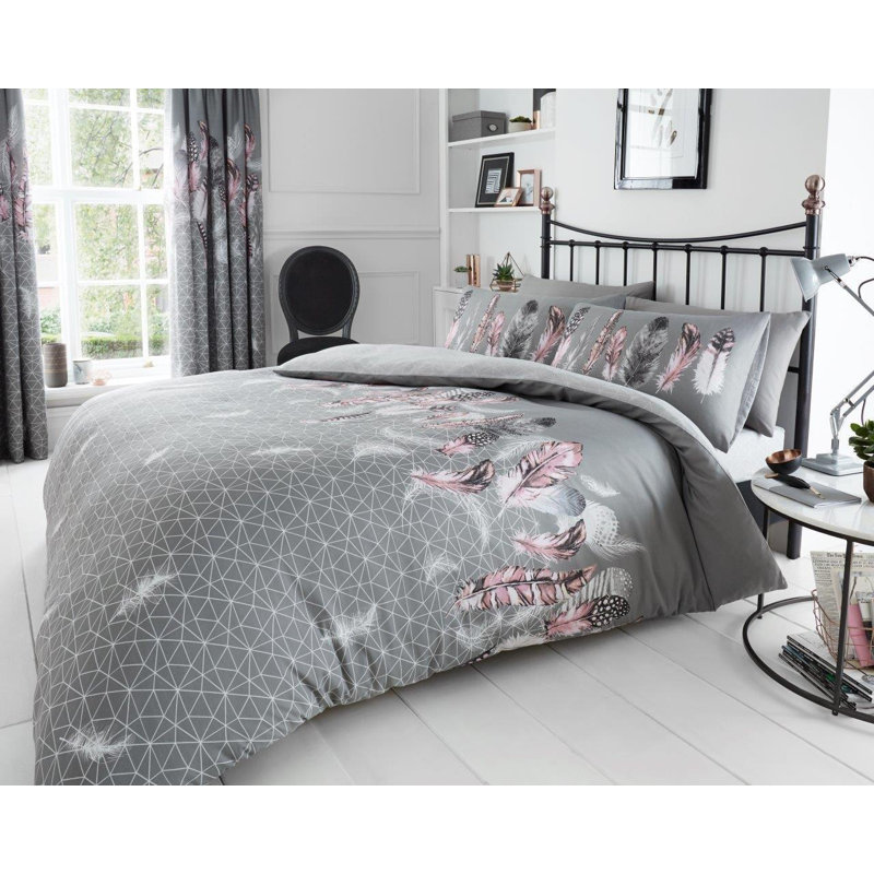 Modern Feather Design Duvet Cover Set with Matching Pillowcases - Polycotton Fabric Bedding, Double, Grey