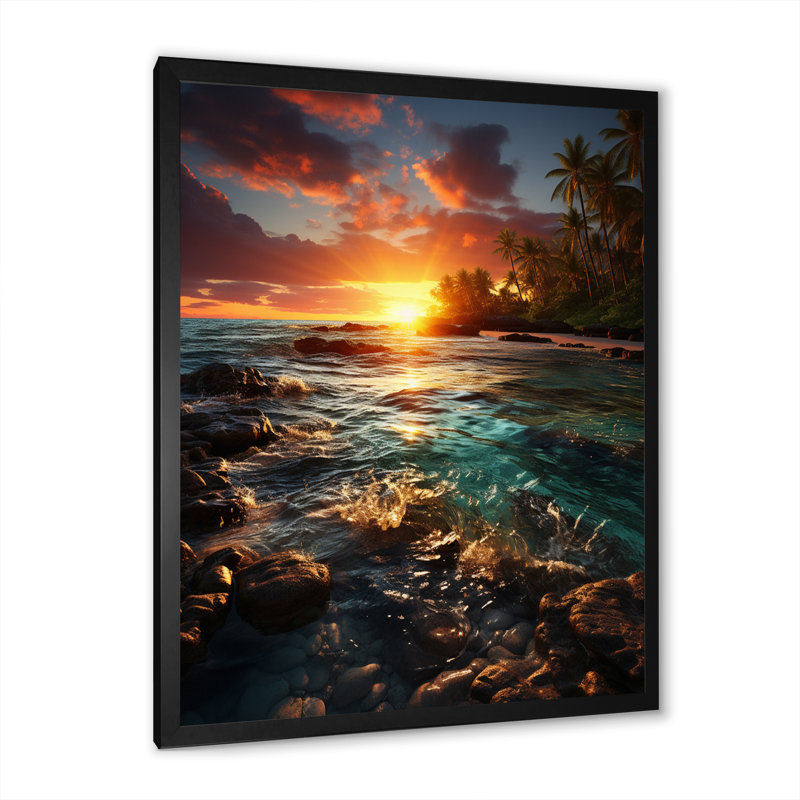 Plage, coucher de soleil, sérénade sur toile, L 12 po x H 20 po, Cadre photo noir