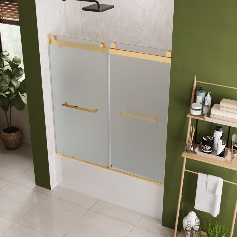 55" - 59" W×59" H Double Sliding Frameless Bathtub Shower Door With 3/8" Frosted Tempered Glass, Gold