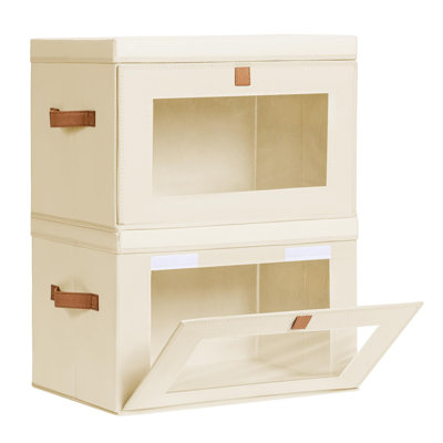 Large Closet Storage Organizer - Clothes Storage Bins With Handles & Window, Collapsible Decorative Boxes With Lids, Fabric Containers For Living Room, Dorm, 2 Pack, Beige