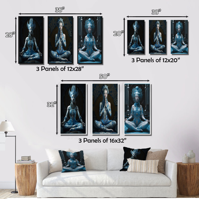 Blue Yogini Meditation Spiritual Grace - 3 pièces, Cadre flottant doré, H 20 po x l 36 po