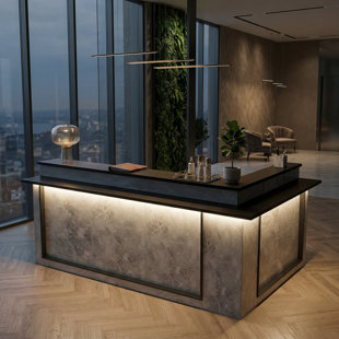 Modern Reception Desk With Hidden LED Light Strip, Marble Veneer Finish, L-Shaped Front Desk With Storage Shelves & Drawer, Premium MDF
