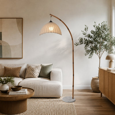 Bohemian bamboo-and-rattan floor lamp with a retro mid-century look, LED lighting, and 3 color temperatures; tall standing light for living rooms, bedrooms, and offices.