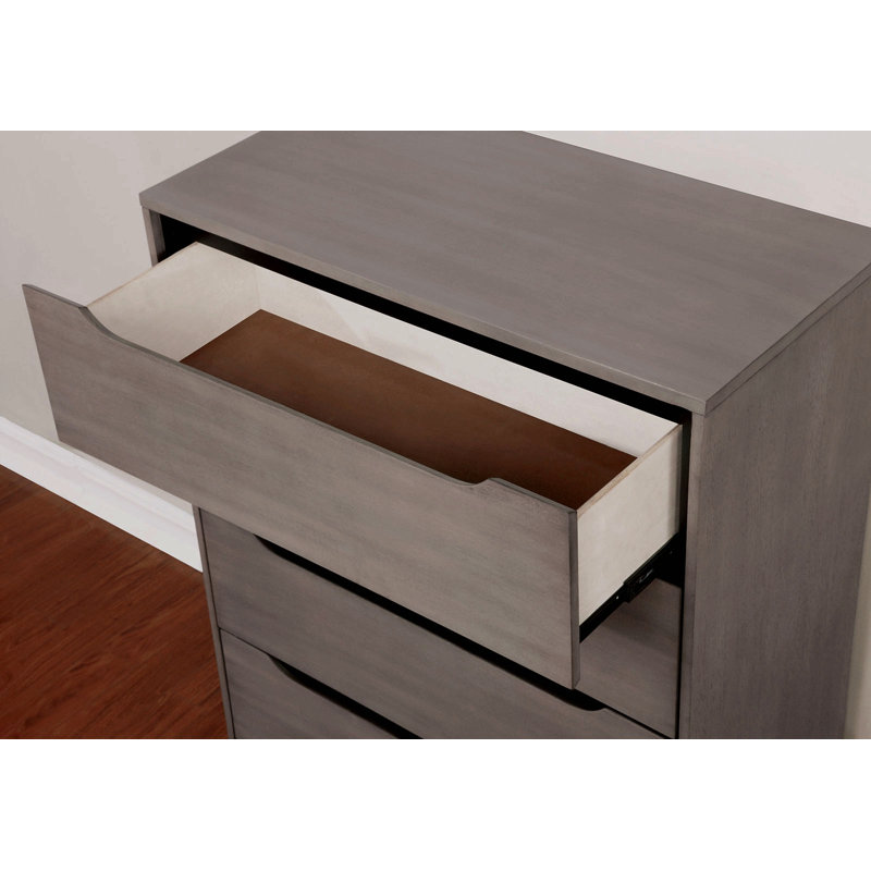 Commode ronde moderne de style Mid-Century avec pieds fuselés et quatre tiroirs encastrés, finition grise, Gris