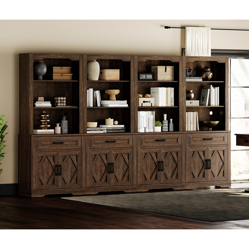 5 Tier Bookcase With Barn Door,73.3" Tall Open Storage Bookshelf,Floor Standing Farmhouse Display Organizer With Drawer And Glass Door For Home Office,Living Room,Rustic Brown