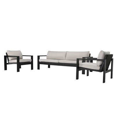 Mikel 3 Piece Aluminum & Rattan Patio Lounge Set With Light Gray Cushions