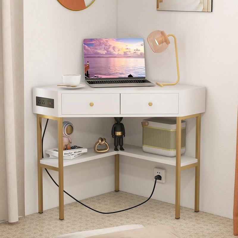 Bureau en coin à 90 ° avec tablettes et tiroirs, coiffeuse ou table de travail compacte pour les petites chambres et les bureaux à domicile