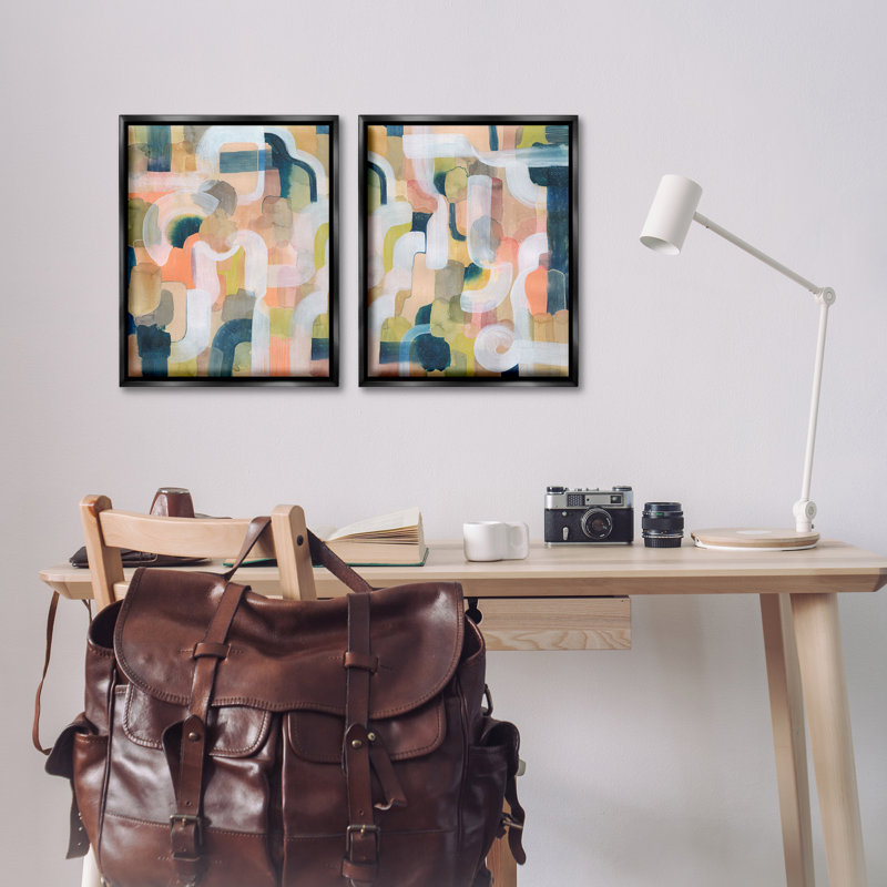  «Curved Retro Abstraction», ensemble de 2 toiles flottantes encadrées par Grace Popp, Cadre flottant noir de jais