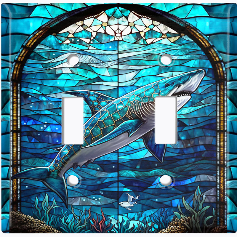 White Shark Blue Glass Art Print Copper Rust Patina Teal Print 2 - Gang Toggle Light Switch Standard Wall Plate