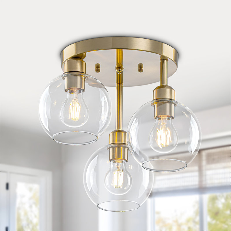 Plafonnier semi-encastré 3 lumières avec verre Globes, Doré