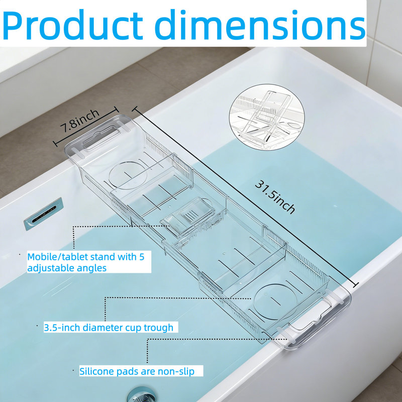 Organisateur de plateau de baignoire et de spa réglable avec 2 porte-gobelets, support pour téléphone et 5 réglages d'angle pour des bains relaxants