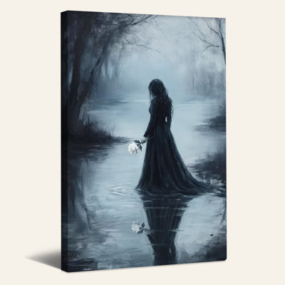 Art sur toile, "Femme en robe noire tenant une rose blanche en brume"