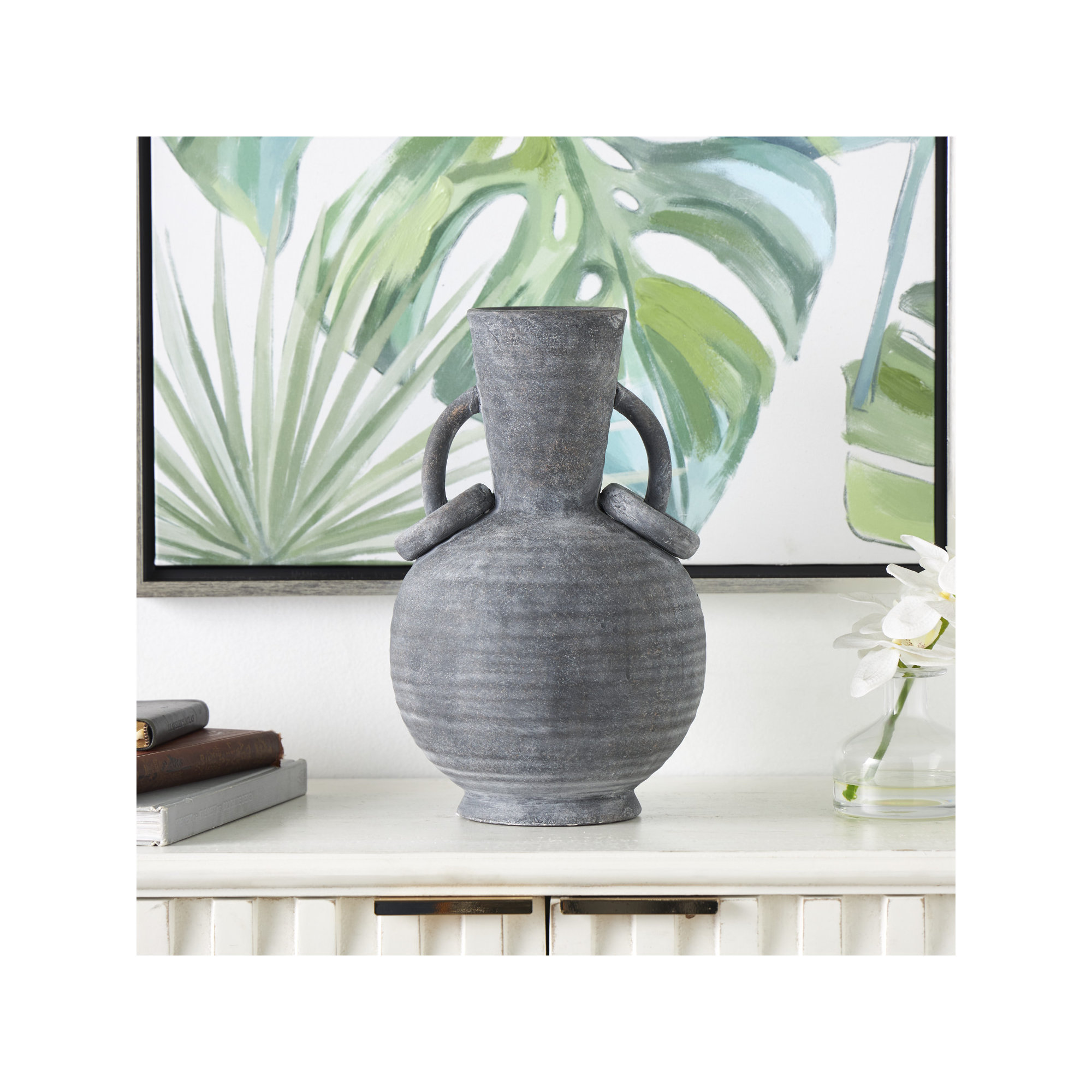 Ceramic Textured Decorative Vase with Ring Handles, Gray