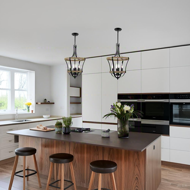 4-Light Rustic Pendant Light, Modern Farmhouse Chandelier with Wood Style Metal Frame for Dining Room & Kitchen Island