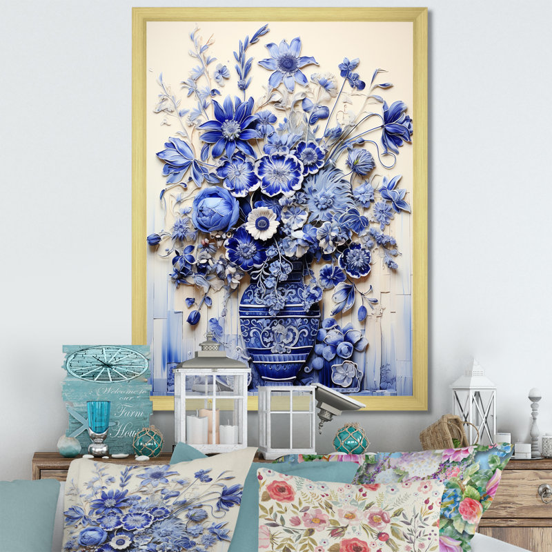 «Blue and White Boho plant Pottery II», impression sur toile Boho Pottery, Cadre doré simple, H 32 po x l 16 po x P 1 po