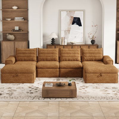 136" Modular Sectional Sofa with Deep Seat, U-Shaped Cloud Couch for Living Room, 4-Seater Compression Boneless Sofa with 2 Ottomans, Flexible Combination Modern Upholstery Sofa, No Assembly Required, Orange