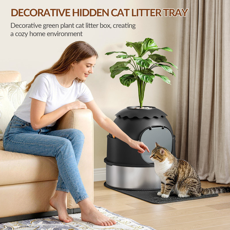 Hidden Stainless Steel Cat Litter Box, Cat Litter Tray with Faux Plant, Litter Box Enclosure with Front Door, with Scoop and Litter Mat, for Living Room, Bedroom, Corner