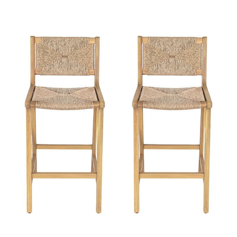 Tabouret de bar d'extérieur sans accoudoirs de 28 po de hauteur avec siège en osier PE et structure en bois d'acacia Fielder