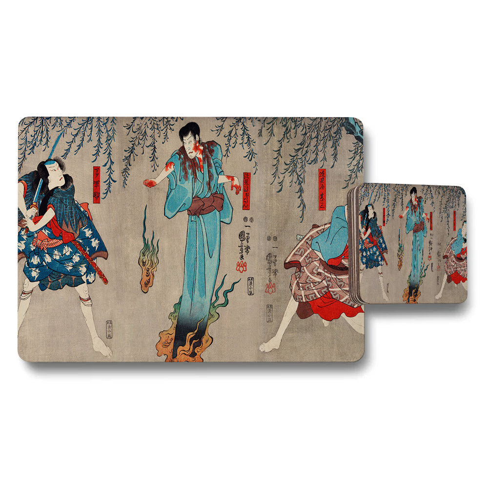 Ukiyoe Style Japanese Placemat And Coaster Set With Traditional Artwork