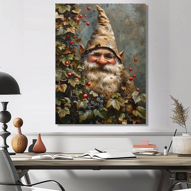 Gnome de jardin d'automne rouge et vert, Sans cadre, métal, H 34 po x l 44 po