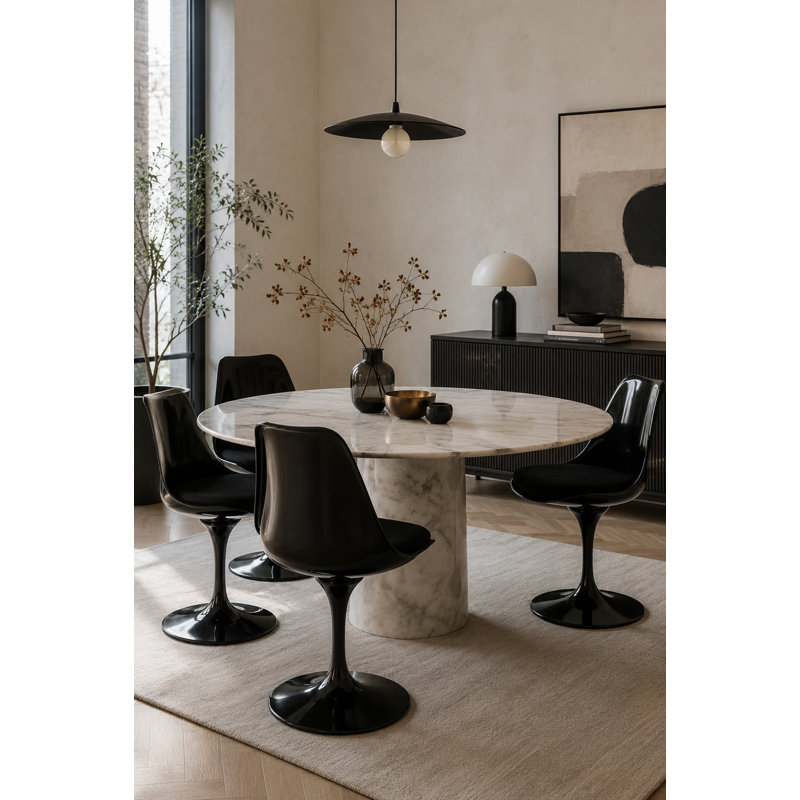 Pangea Home Ella Dining Side Black Chair – Modern Black Swivel Dining Chair with Upholstered Seat Cushion & Gloss Black Pedestal Base for Dining Room, Kitchen & Office - Black Swivel Chair