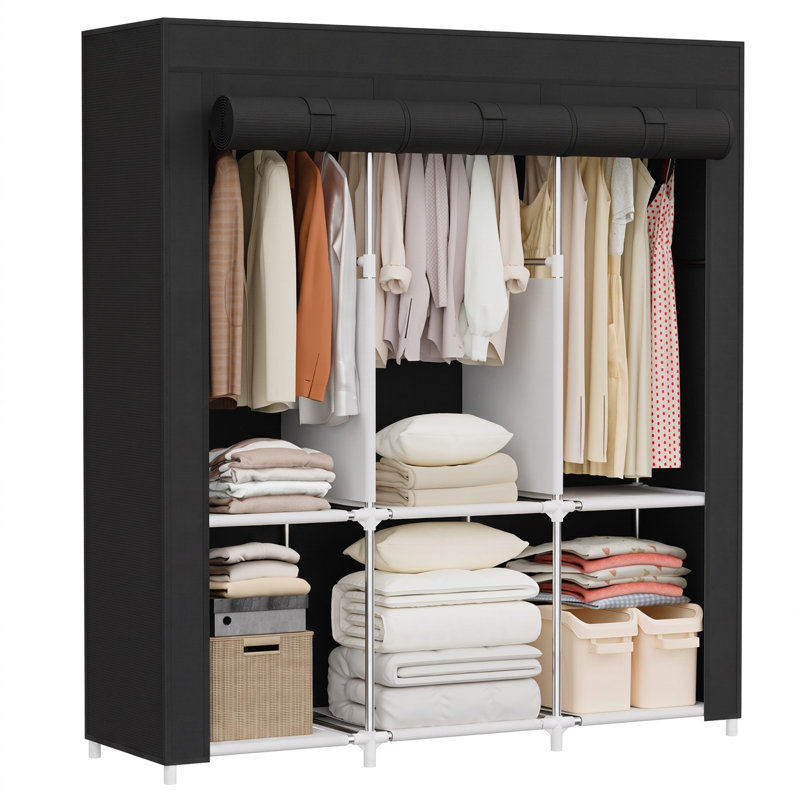 Garde-robe portatif, support à vêtements avec 3 tringles, 6 tablettes de rangement et une poche latérale, Noir