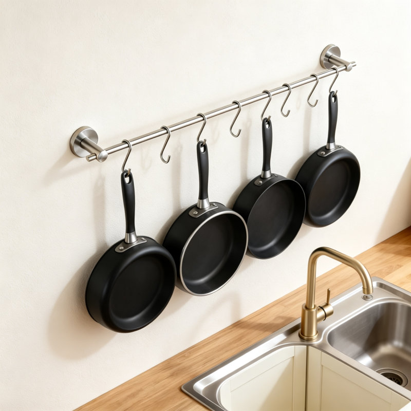 Support mural pour casseroles et poêles de 53 cm (21 pouces), en acier inoxydable avec 10 crochets en S, finition nickelée