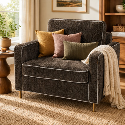 Fauteuil d'appoint moderne Gatton 42,1 po en chenille, canapé une place avec accoudoirs carrés et dossier camel, coussin d'assise amovible, surpiqûres contrastées blanches et pieds en fer jaune, fauteuil rembourré