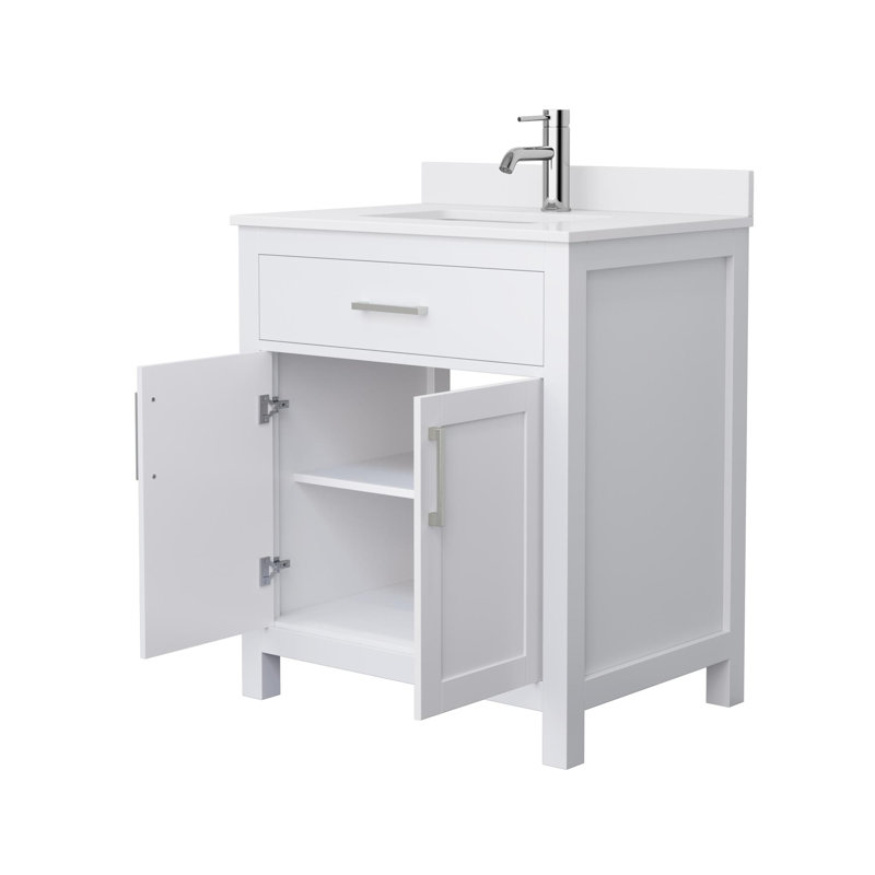 Meuble-lavabo simple autoportant 30 po avec plateau en marbre Beckett, Blanc, Nickel brossé, Marbre de culture blanc