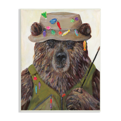 " Fisherman Outfit Brown Grizzly Bear Fishing Pole " Acrylic Painting