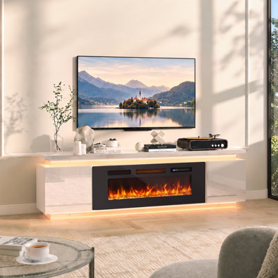 LED TV Stand With 40" Electric Fireplace For Tvs Up To 80", TV console with 4 AC Power Outlets for the Living Room, White