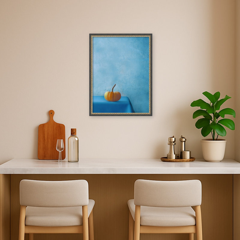 «Orange Pumpkin Blue Table» par Delphine Devos, reproduction d'art sur toile encadrée, 19 in. W x 25 in. H