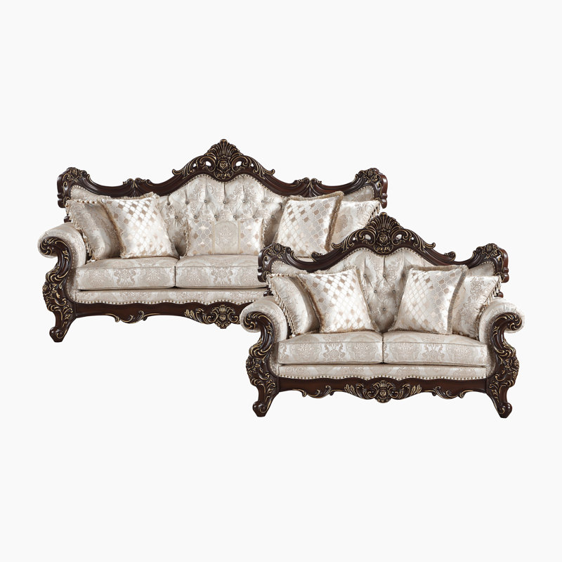 Ensemble de canapé de salon 2 pièces Loane Traditional Jacquard avec capitonnage, garniture cloutée et 4 coussins décoratifs