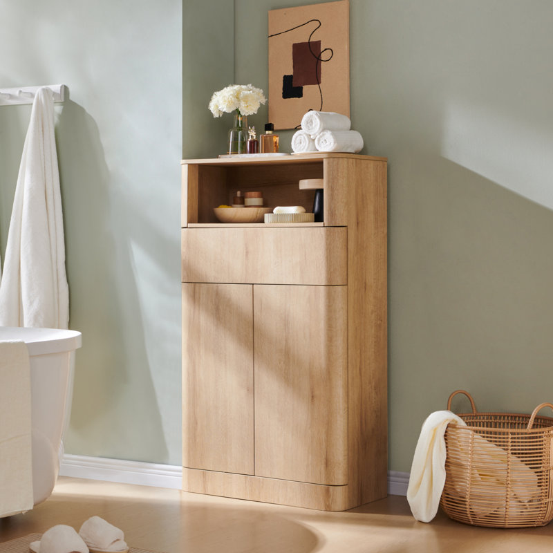 Freestanding Bathroom Storage Cabinet, Wood Floor Cabinet With 1 Drawer & 2 Doors, Natural Oak, Natural Oak