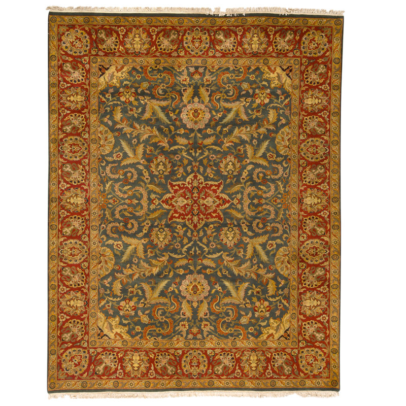 Hand Knotted Wool Oriental Area Rug in Green And Red