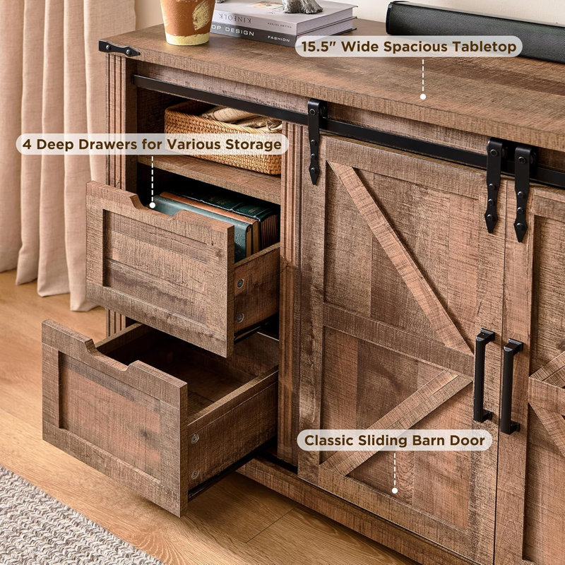 Marckson 70'' Barn Door TV Stand with 36" Electric Fireplace,  Fireplace TV Stand For TVs Up To 80" with Storage Drawers