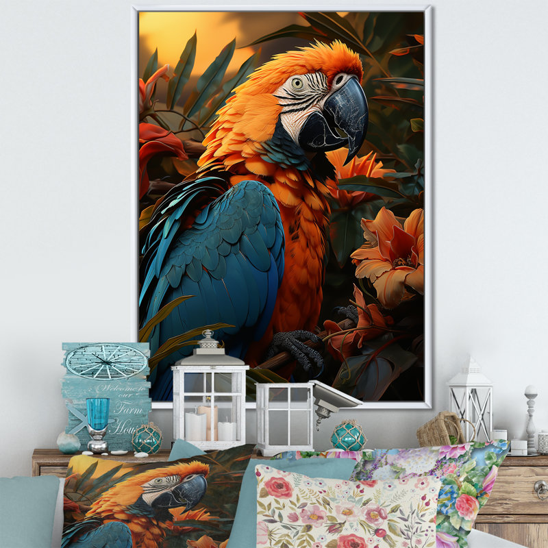 «Parrots Tropical Serenade I», reproduction sur toile, Cadre flottant blanc, H 40 po x l 30 po x P 1,5 po