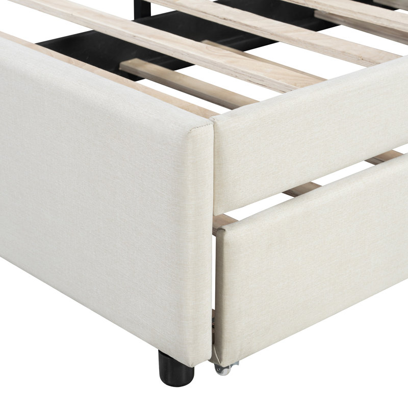 Lit plateforme tapissier avec tête de lit à motif brique et lit gigogne de taille XL, Beige