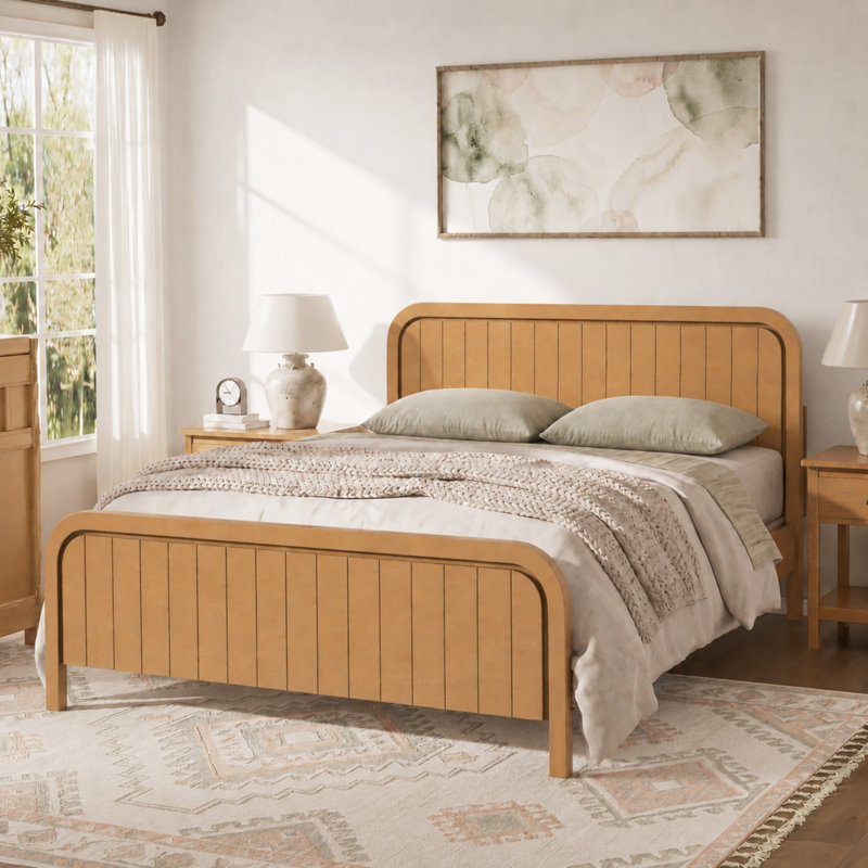 Structure de lit plateforme en bois grand avec tête de lit, support à lattes en bois, sans sommier, sans bruit, assemblage facile, chêne naturel