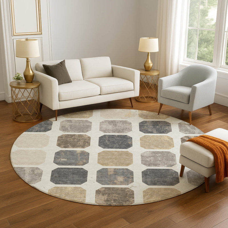Premium Machine Washable Ralston AMF1950 Geometric Rug, Round 8'