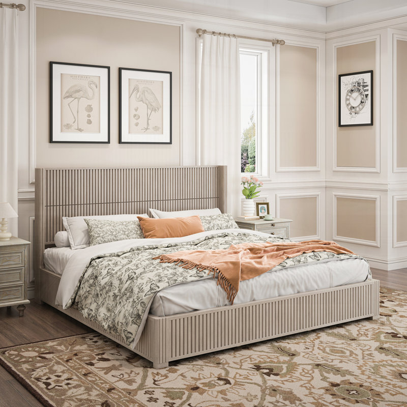 Lit sur pied en bois massif sans sommier, Beige, Très grand lit