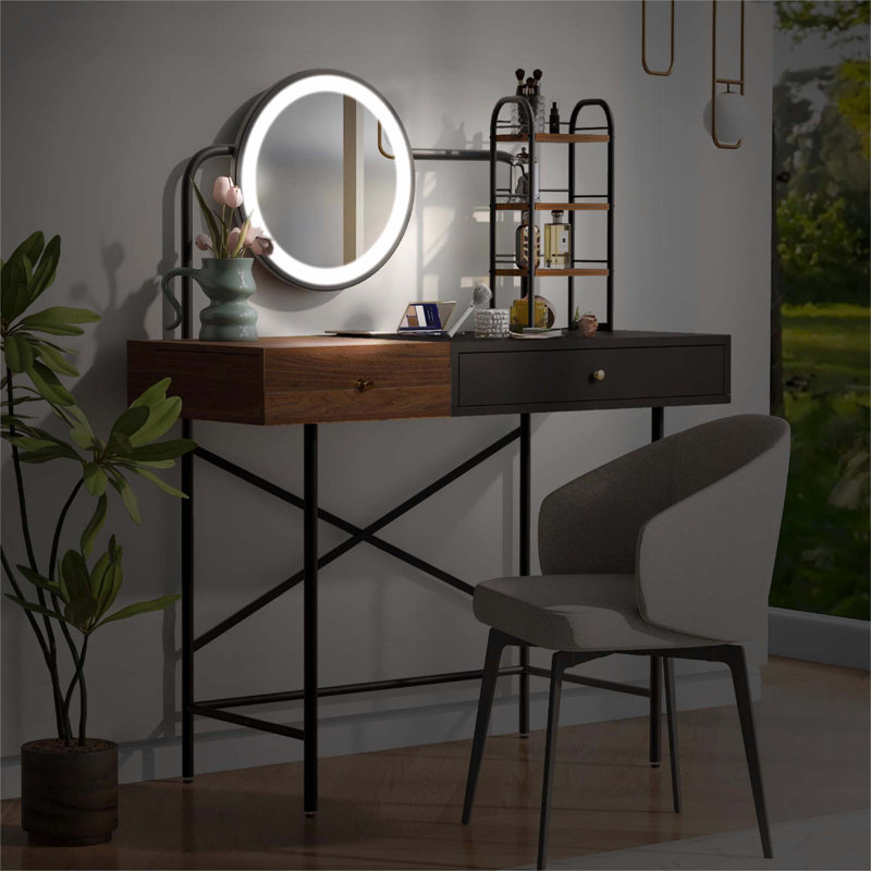 40-inch Makeup Vanity Desk with 3-Mode Lighted Mirror & Wireless Charging Station, Vanity Table with Drawer & 3 Open Shelves